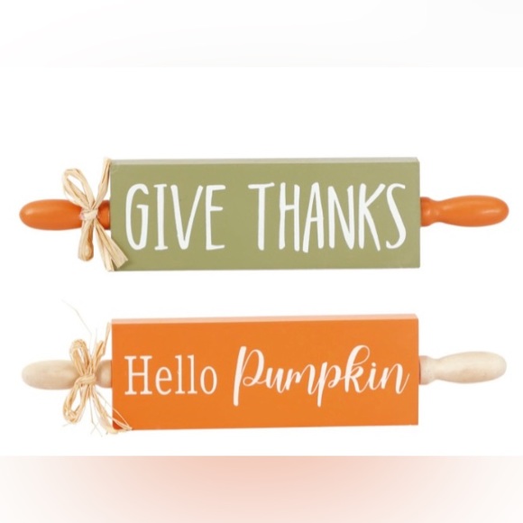 NWT- Set of 2- Hello Pumpkin & Give Thanks Wooden Rolling Pin Decorations w/ Bow - Picture 15 of 15